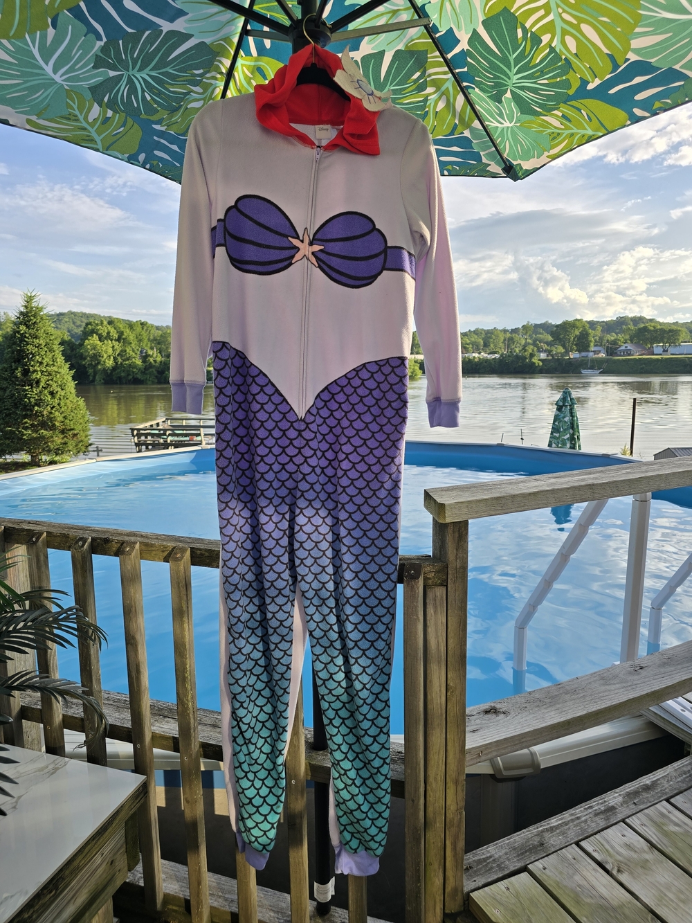 Disney Purple Teal Mermaid Onesie Pajamas with Red Hood